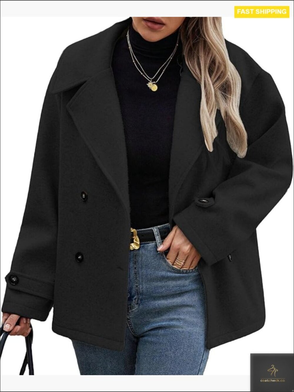 Wool Blend Pea Coat Double Breasted Blazer Jacket Classic Chic Oversized